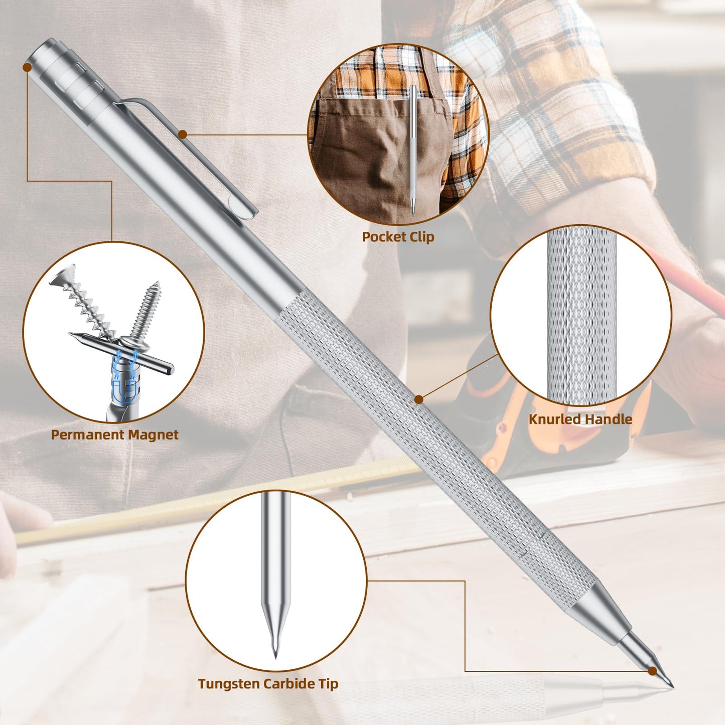 GCHMDE 5-Pack Tungsten Carbide Scriber, Metal Scribe Tool with 25 Replacement Marking Tips & Steel Ruler - Knurled Aluminum Handle & Magnet, Engraving Pen for Glass/Ceramics/Metal Sheet (5)
