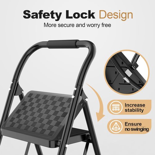 HBTower 3 Step Ladder, 3 Step Stool for Adults, 3 Step Ladder Folding Step Stool with Cushioned Handle Step Ladder with Wide Pedal Ergonomic Design,Black