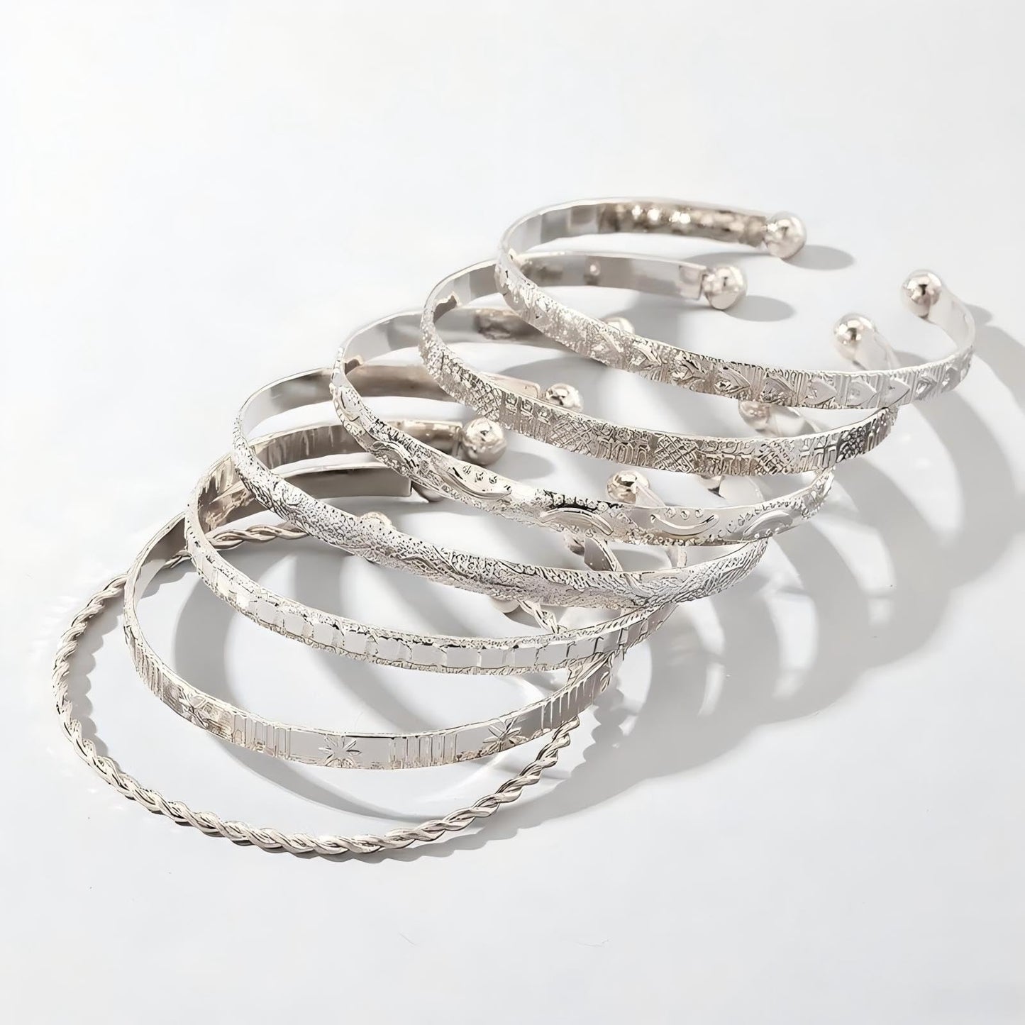 Bangle Bracelet for Women, 7 Pcs Silvery Plated Dainty Layered Chain, 14K Layer Stackable Cuff Bracelet Set (Silvery)