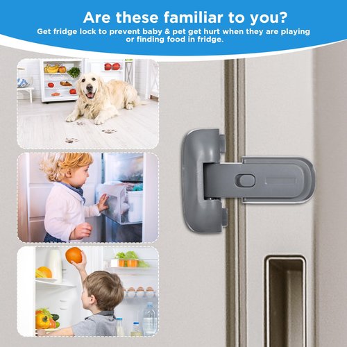 Wanmu Child Proof Fridge Door Lock, Freezer Latches with Adhesive, Refrigerator Sealing Strip to Keep Door Closed for Toddlers and Kids Safety, no Tools Need or Drill (Grey)