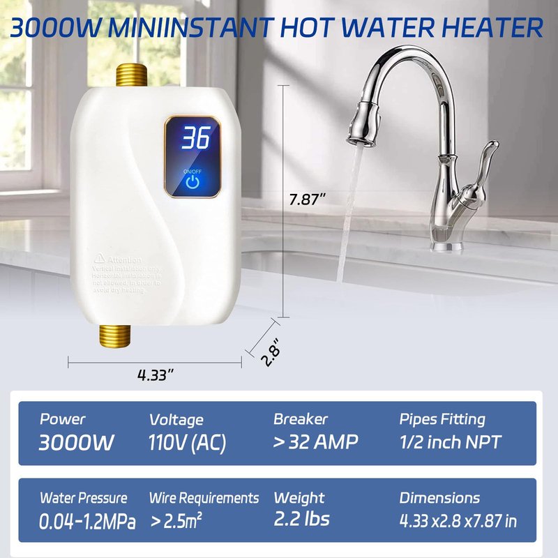Tankless Water Heater Electric 110V, 3000W Instant Electric Water Heater, Under Sink Water Heater with Digital Display, On Demand Hot Water heater Electric for Kitchen Bathroom Washin