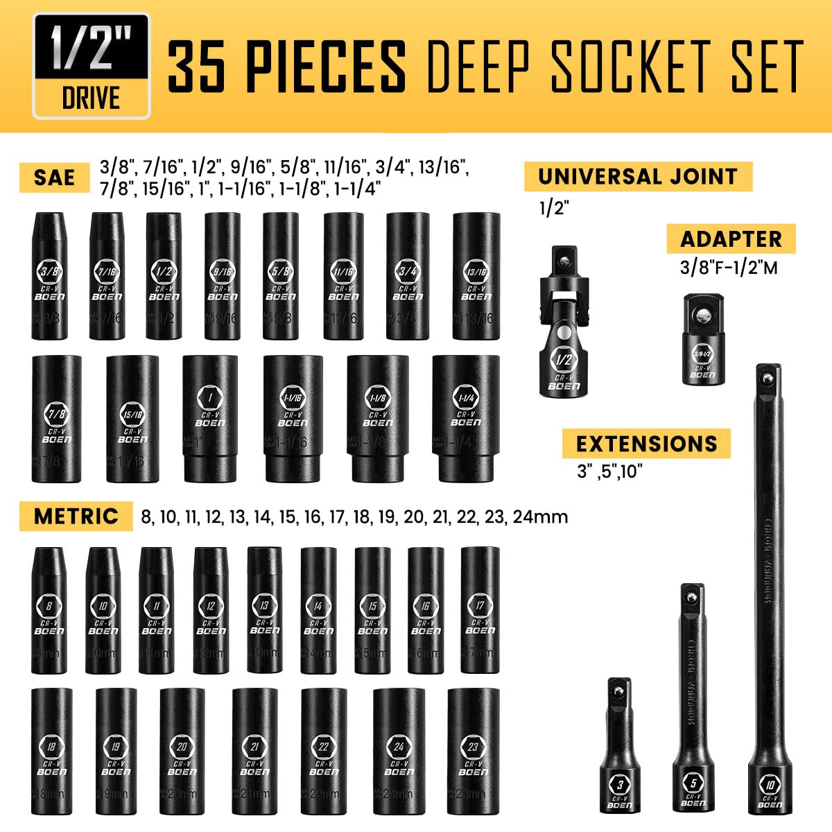 BOEN 35-Piece 1/2" Drive Deep Impact Socket Set - SAE 3/8"-1-1/4" & Metric 8-24mm, Extensions, Joint & Adapter, Cr-V Steel, Double Lock Case