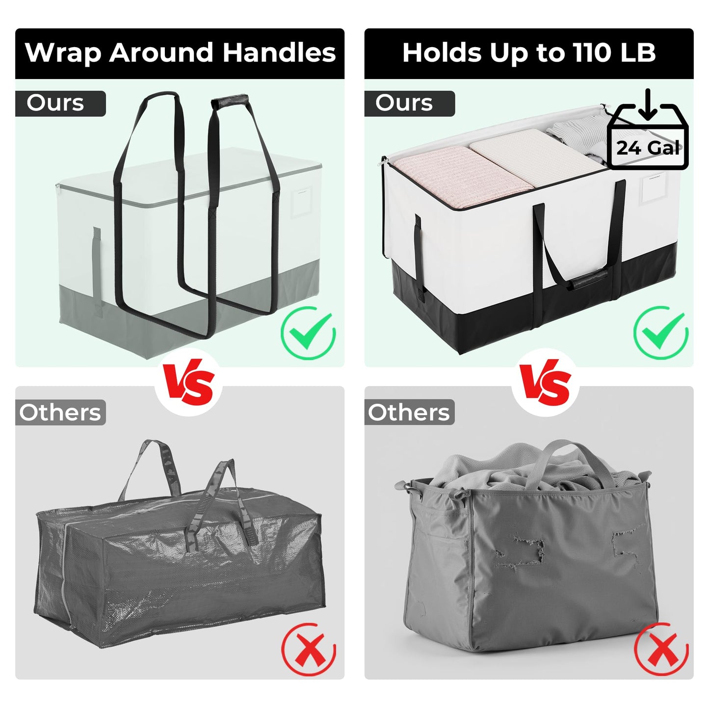 StorageWorks 6 Pack Extra Large Moving Bags, Heavy Duty Storage Packing Tote for Clothes, Alternative to Moving Boxes, Collapsible Moving Supplies with Reinforced Handles, White and Black