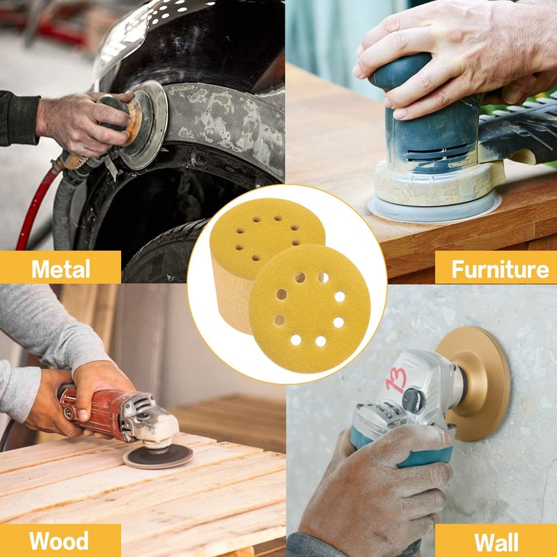 POTUINOM 100PCS 5 Inch 8 Hole Sanding Discs 120 Grit,Gold Round Hook and Loop Sandpaper for Random Orbital Sander