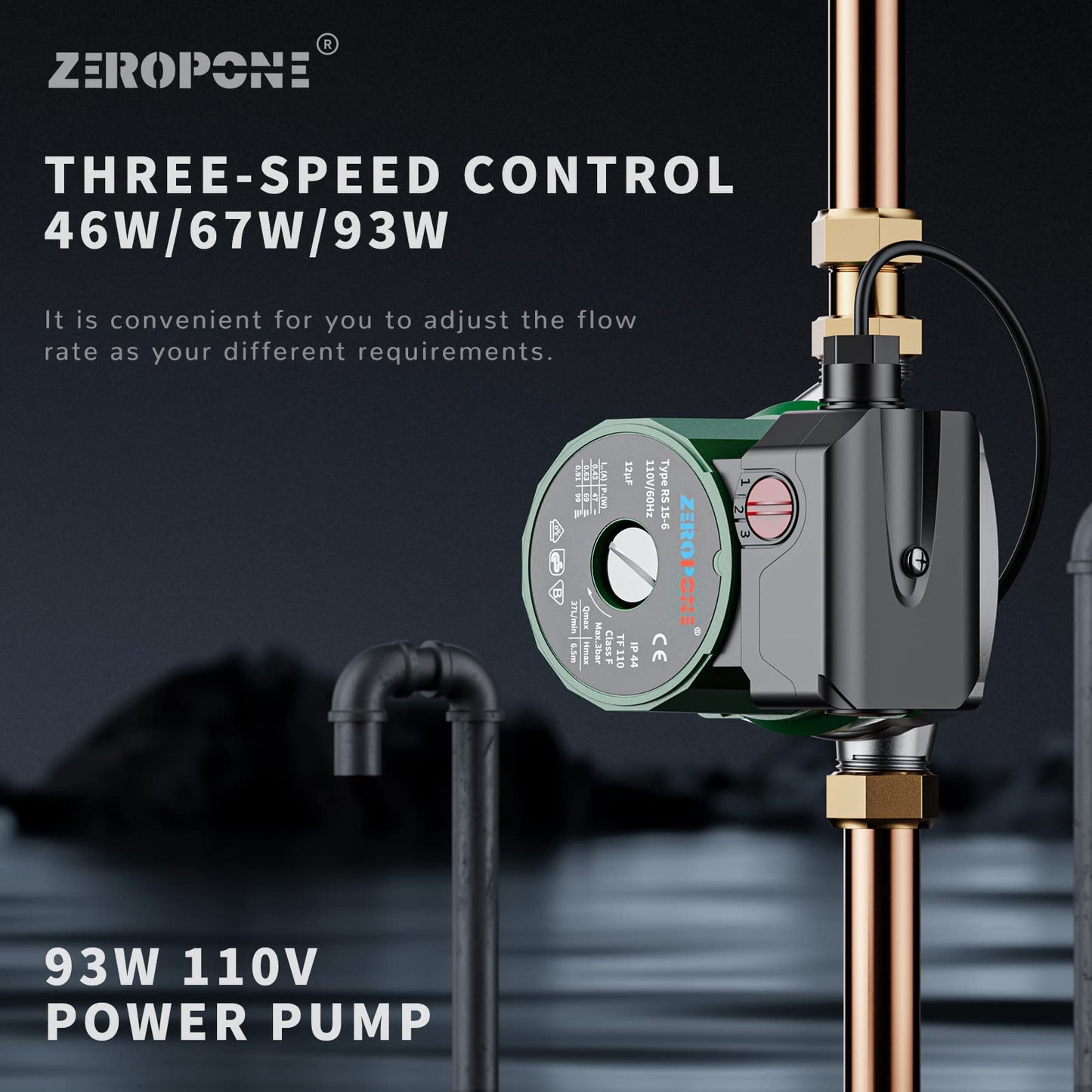 ZeroPone Hot Water Recirculating Pump, 93W Water Circulator Pump NPT 3/4" w/NPT 1/2" Adapter, Stainless Steel Head,15-6S 3 Speed Control for Electric Water Heater System