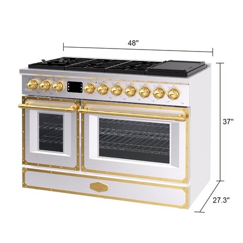 Akicon 48" Professional Custom Style Gas Range with 6.7 Cu. Ft. Oven, 8 Burners, Convection Fan, Cast Iron Grates, Clock and Timer