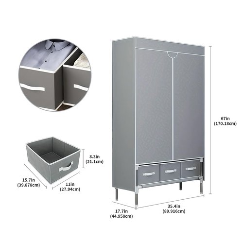 Portable Oxford Fabric Wardrobe | Light Grey Storage Organizer with Hanging Rod, Shelves & 3 Drawers | Waterproof, Dustproof, Space-Saving Design No-Tool Assembly - 35.4 x 17.7 x 67 ‘’