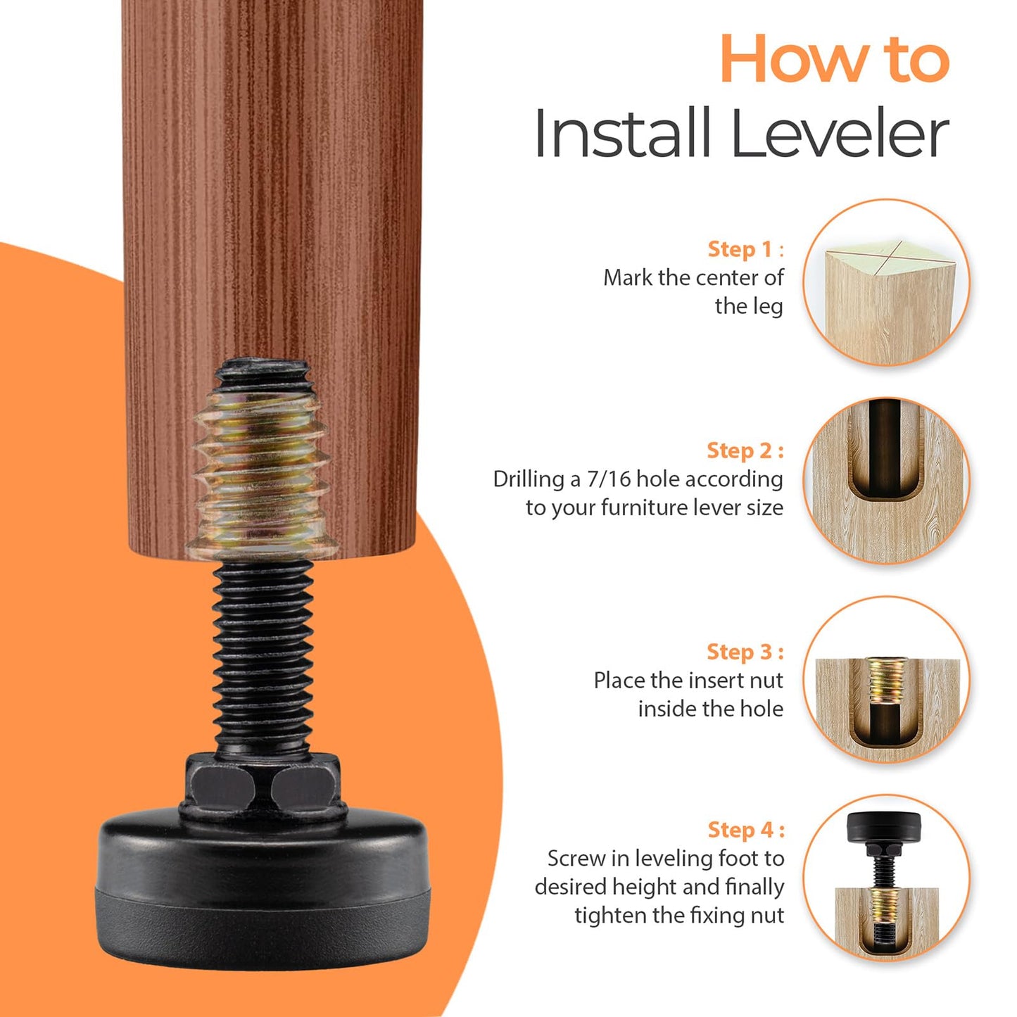 NEWBYTEK 8-Pack Adjustable Furniture Leveling Feet, M8 ISO Metric Thread, 1.8 Inch Height, 1'' Base, Includes Nuts and Felt Padded, Black, Ideal for Desks, Tables, and Chairs