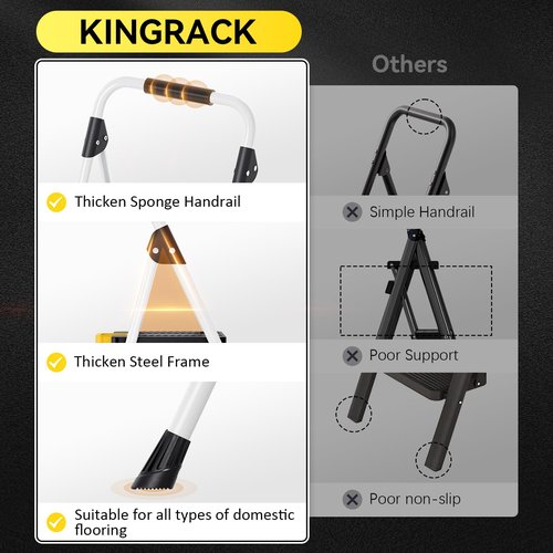 KINGRACK 4 Step Folding Ladder, 800lbs Capacity Step Stool with Safety Lock, Non-Skid Wide Pedals, and Handrail, Lightweight, Household Ladder for Home, Kitchen, Pantry, Closets, and Office Use, White