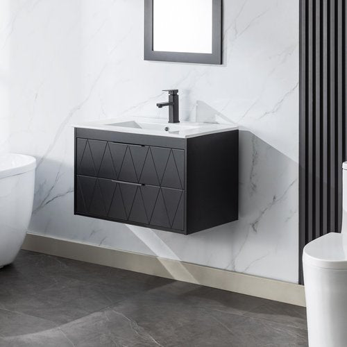 eclife 30" Bathroom Vanities Cabinet with Sink Combo, Wall Mounted Floating Cabinet W/Decor Line, Soft-Close System, 2 Extra Big Drawers, Matte Black Faucet, Black