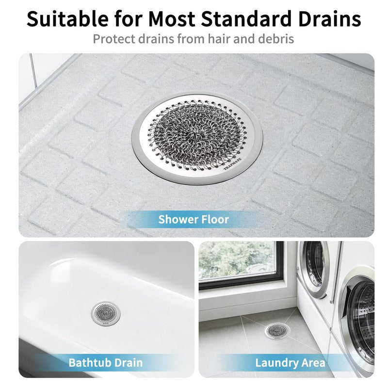TRAPMATE Shower Drain Cover, 2PCS Prevent Clogging Shower Drain Hair Catcher, Non-Slip Stainless Steel Drain Protector, Patented Bathroom Accessory for US Standard Flat Drains of Bathroom