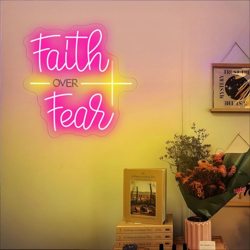 Faith Over Fear Neon Sign for Wall Decor Jesus Neon Light Christian LED Signs Dimmable Letters Neon Lights Signs for Bedroom Living Room Wedding Church Decor Neon Light for Christian Religious.