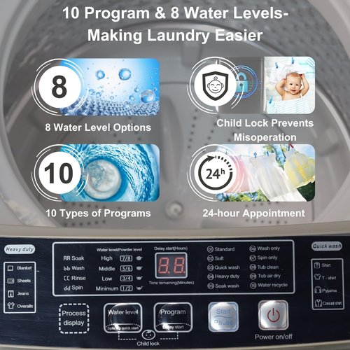 Fox Shack Washing Machine 15.6 lbs Automatic Laundry Machine 10 Programs, LED Display, 8 Water Levels Top Load Washer, High-efficiency Portable Compact Washer for Bath, Apartment, RV, Dorm