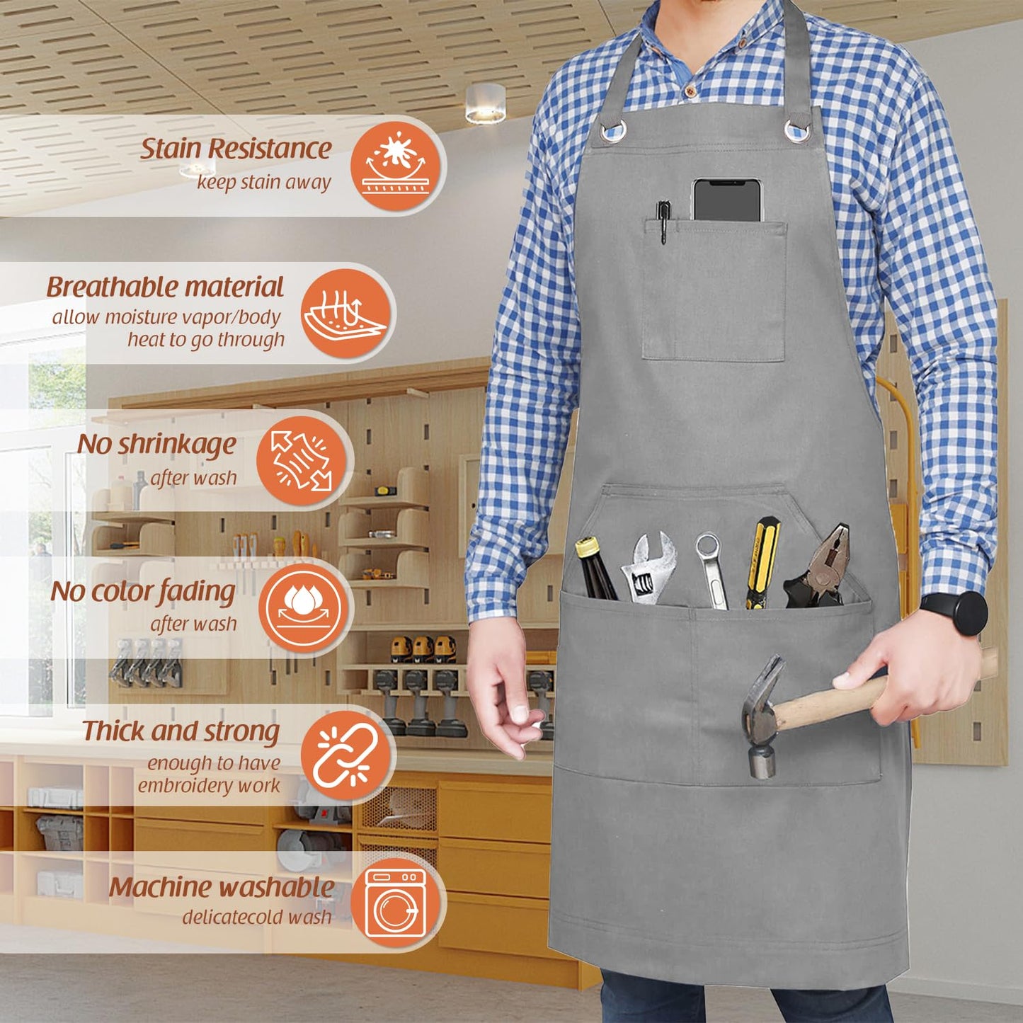 Dadidyc Adjustable Work Apron for Men,Heavy Duty Canvas Shop Apron Crossback with Tool Pockets (Grey)