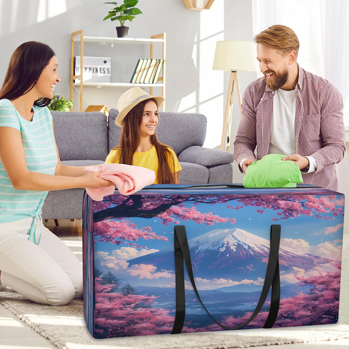 Adornori Asian Japanese Heavy Duty Extra Large Moving Bags, XXL Storage Totes Moving Boxes Cherry Blossom Mount Fuji Space Saving Packing Bags