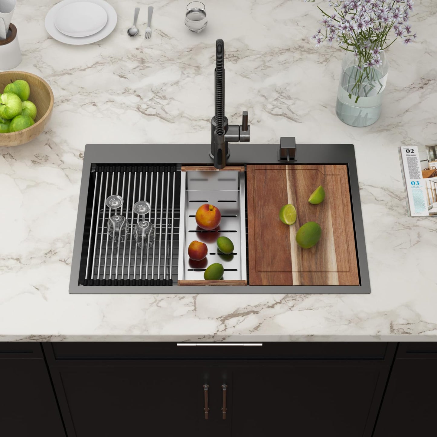 Couoko 33x22 Drop In Kitchen Sink Black Workstation 16 Gauge Stainless Steel Single Bowl Kitchen Sinks Gunmetal Black Nano PVD Handmade Large Deep Sinks 33" x 22" x 9" Inch