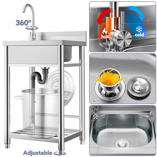 Percince Stainless Steel Utility Sink - 22in, Freestanding Single Bowl Laundry Sink with Cabinet and Cold/Hot Water Pipe, Utility Sink for Laundry Room, Garage Indoor and Outdoor (22inch)