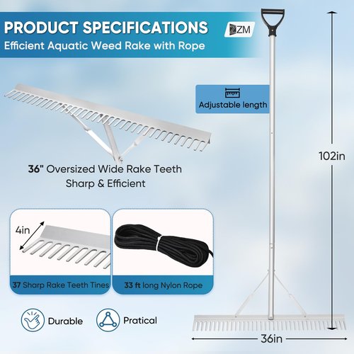 Floating Weed Lake Rake, 36" Aluminum Landscape Rake with Adjustable Handle, 33FT Rope & Float, Weed & Algae Removal of Leaves, Floating Scum, Multifunctional Detachable Aquatic Weed Rake with Gloves