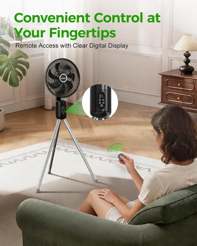 YOKEKON Outdoor Standing Fan for Patio,12" Rechargeable Cordless Pedestal Fan,Hanging 12000mAh Battery Operated Oscillating Fan with Remote,Light, Quiet,8 Speeds,Timer,Gazebo/Deck/Porch/Pergola,Black