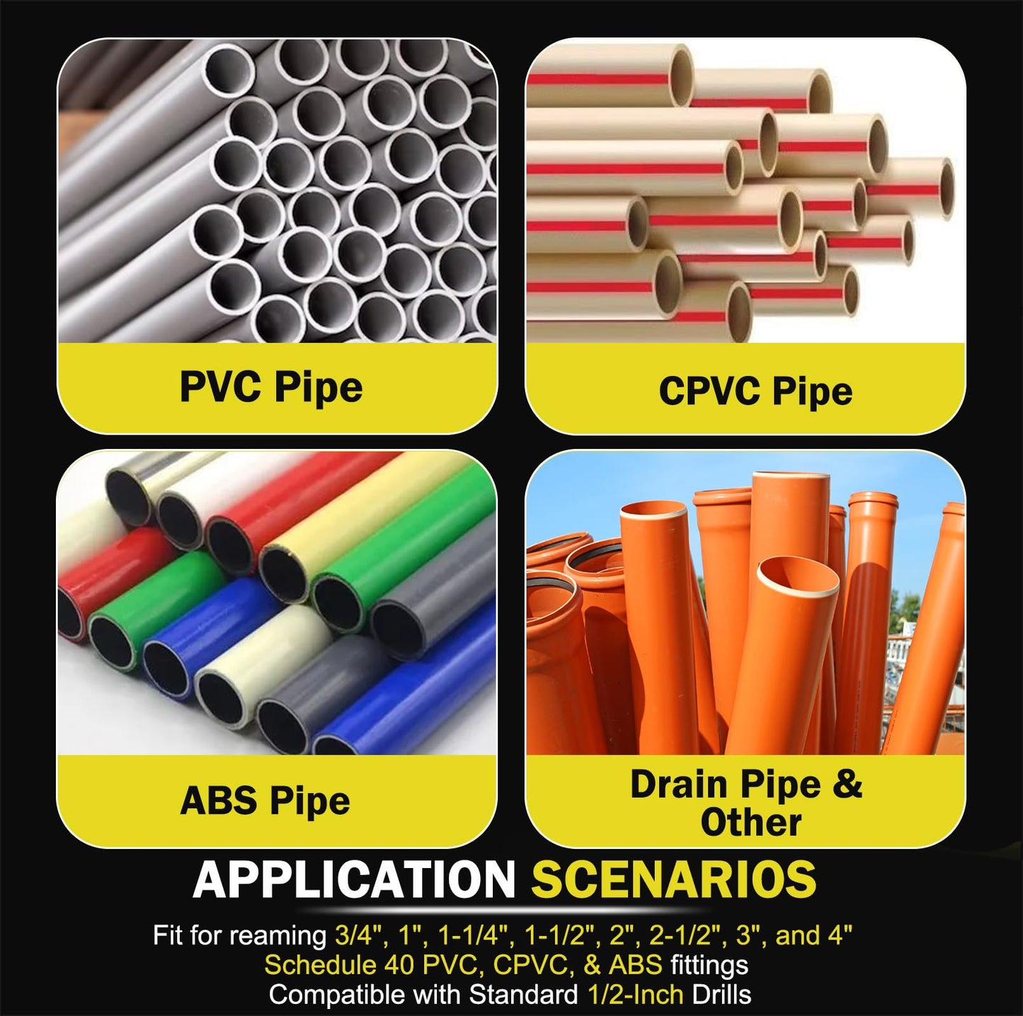 Premium 8Pcs PVC Pipe Reamer Kit - Complete Reamer Set, Fits Standard 1/2" Drills, Includes P3/4", 1", 1-1/4", 1-1/2", 2", 2-1/2", 3", 4" For Standard 1/2" Drills, Ideal for PVC, CPVC, ABS Pipes