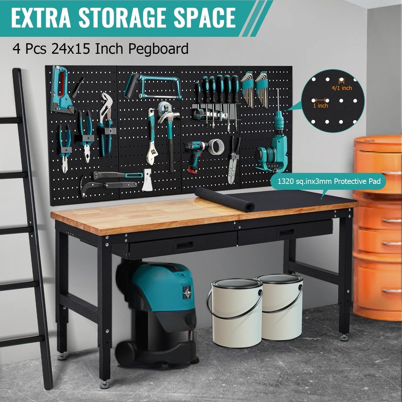 60" Adjustable Workbench, 3000 Lbs Capacity Heavy-Duty Work Bench Table with Power Outlet & Pegboard, Rubber Wood Top Garage Work Table with 2 Drawers & Pegboard for Workshop, Garage, Office
