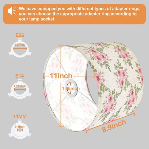 Boho Drum Lamp Shades - 11" x 11" x 8.9" Flower watercolor seamless white Replacement Natural Linen Lampshades for Table Lamps, Floor Lamps Easy Assembly