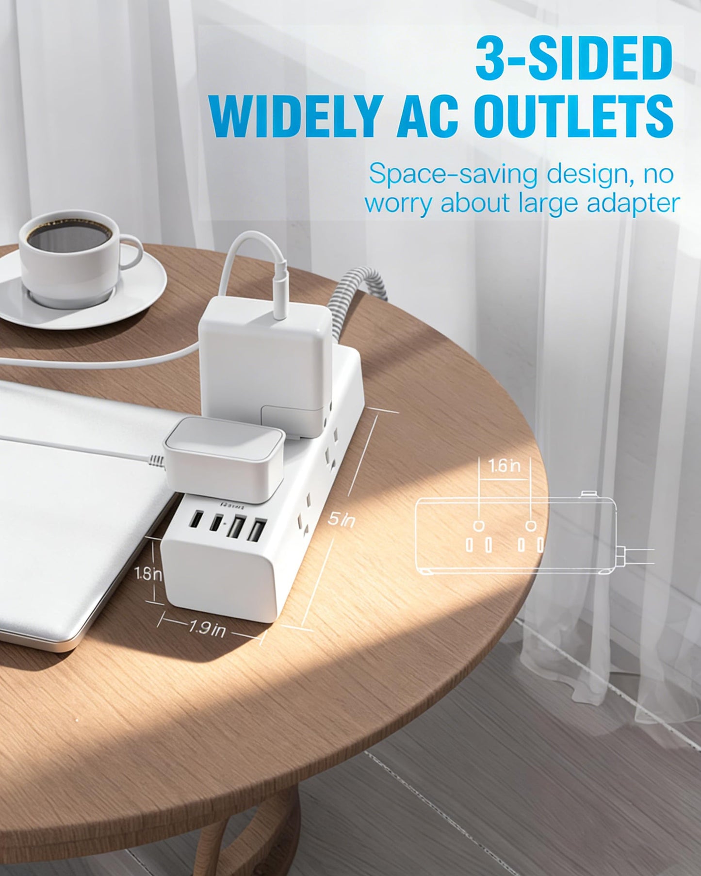 Flat Plug Extension Cord 5Ft, One Beat 5 Feet Surge Protector Power Strip with 6 Widely Outlets 4 USB Ports (2 USB C), 3 Way Wall Outlet Extender Extension Cord for Home Office College Dorm Room