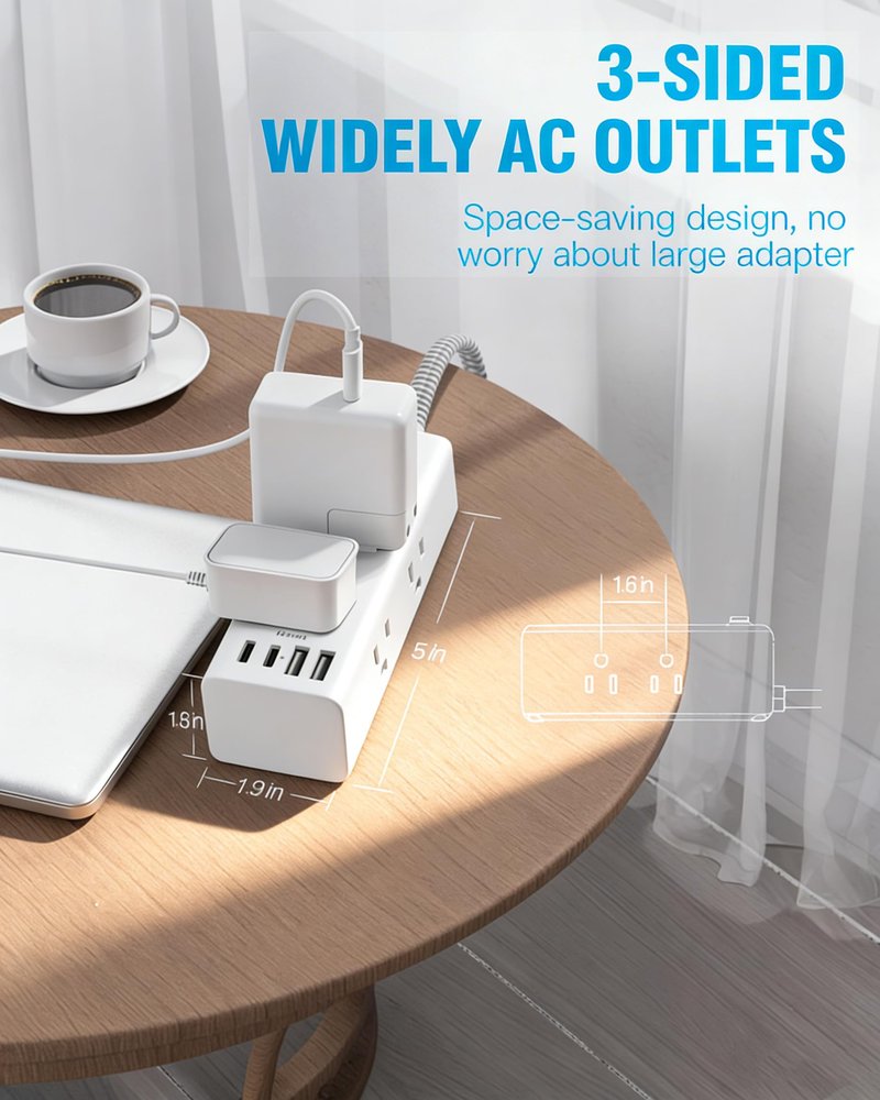 Flat Plug Extension Cord 5Ft, One Beat 5 Feet Surge Protector Power Strip with 6 Widely Outlets 4 USB Ports (2 USB C), 3 Way Wall Outlet Extender Extension Cord for Home Office College Dorm Room