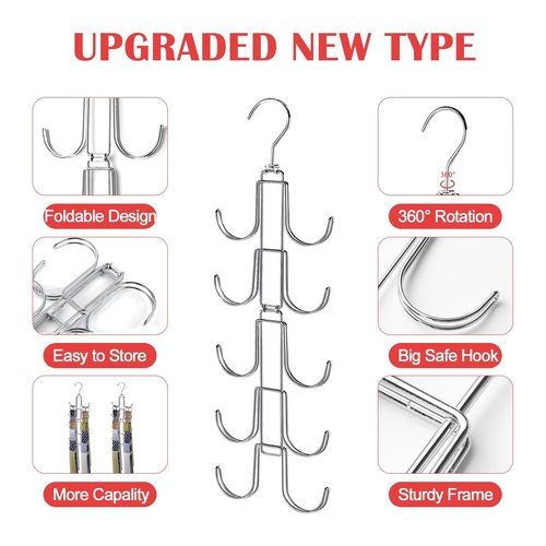 Collapsible Tie Rack Belt Organizer for Closet, Upgraded Dual-Use Belt Tie Hanger with 10 Large Hooks, Storage Up to 80 Items, Rotatable Space Saving Hanger for Closet Organizers and Storage