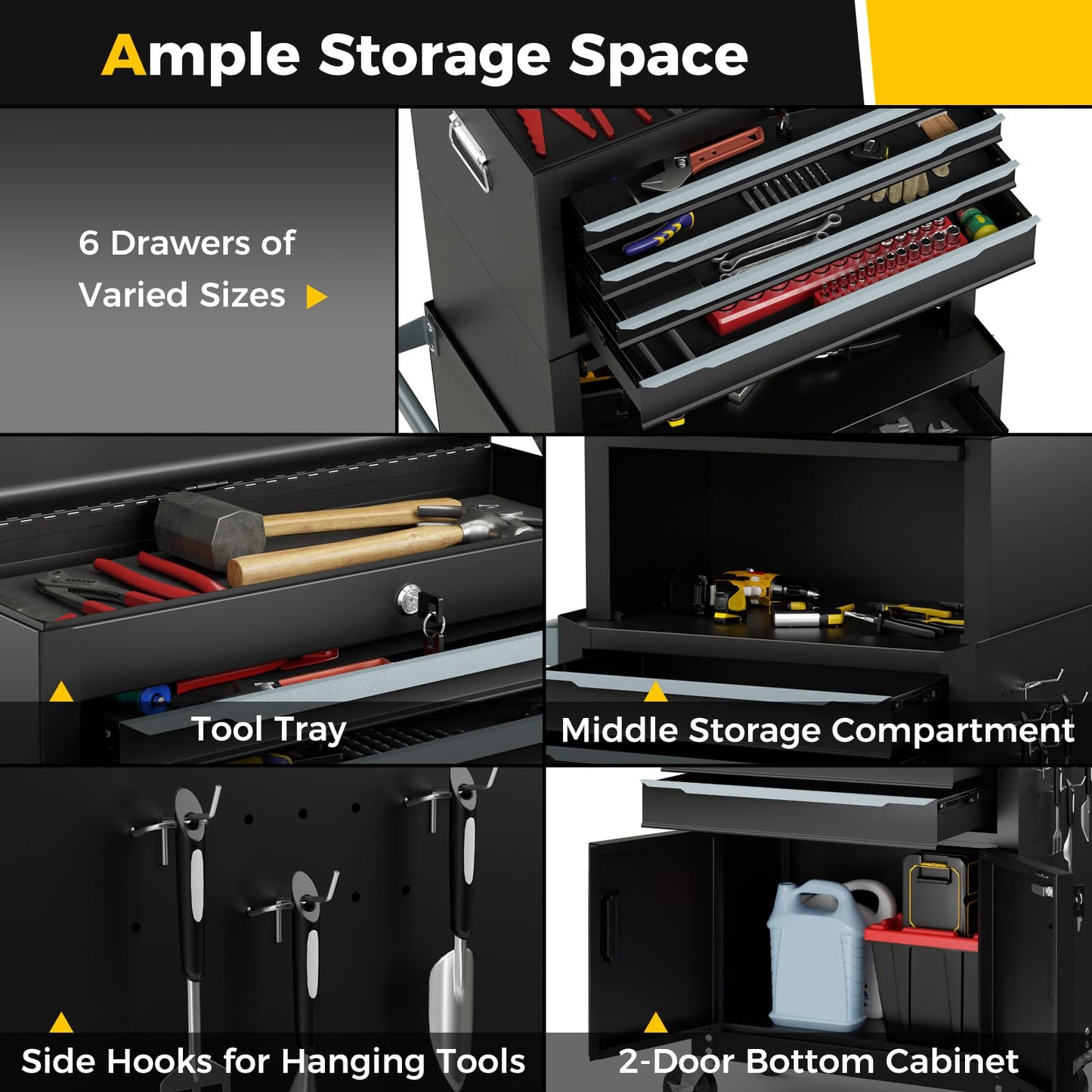 Goplus Tool Chest, 6 Drawers 3-in-1 Extra Large Tool Storage Cabinet with 4” Universal Lockable Wheels, Auto Lock, Protective Liner, Heavy Duty Rolling Tool Box for Garage, Workshop