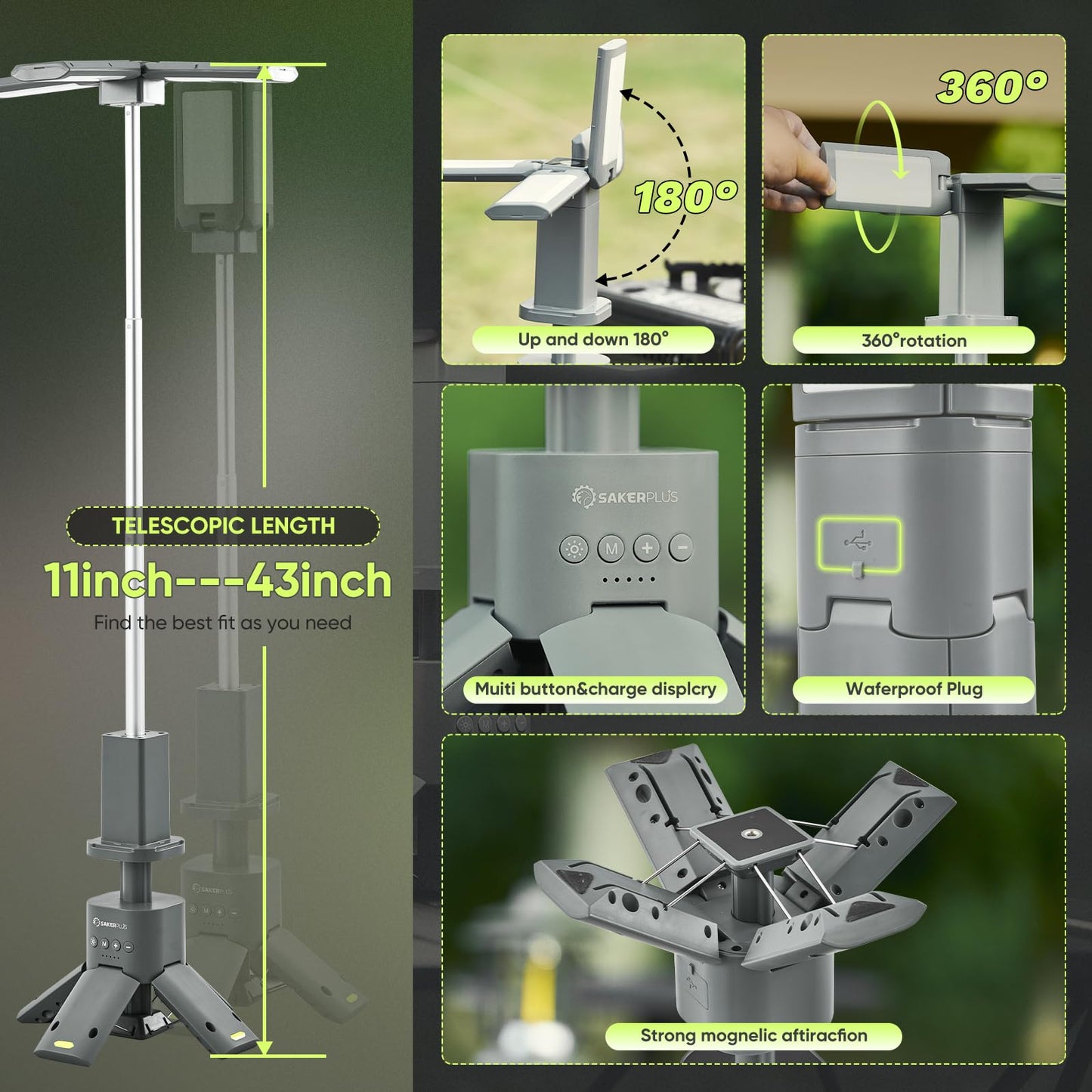 SakerPlus Portable Camping Light, 14000mAh Telescopic Camping Lantern with Rechargeable Power Supply, Dimmable Magnetic Tent Lamps 6000 Lumen Outdoor Work Lights for Hiking,Camping,Home Emergency