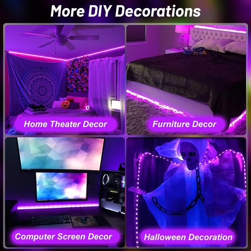 33Ft Black Light Strip, USB & Battery Operated Black Lights for Glow Party, Blacklight Strip lights for Halloween Decoration Room Decor Glass Cabinet Case Display Fluorescent Paint(4Pack*8.2ft)