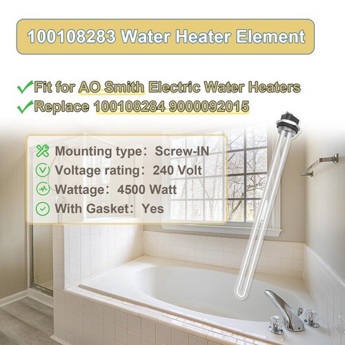 Upgraded 100108283 Water Heater Element, For AO Smith Electric Water Heaters, 4500W 240V Screw-In, Replace 100108284 9000092015 9000092045 Heating Element, With New Gasket,2 pack