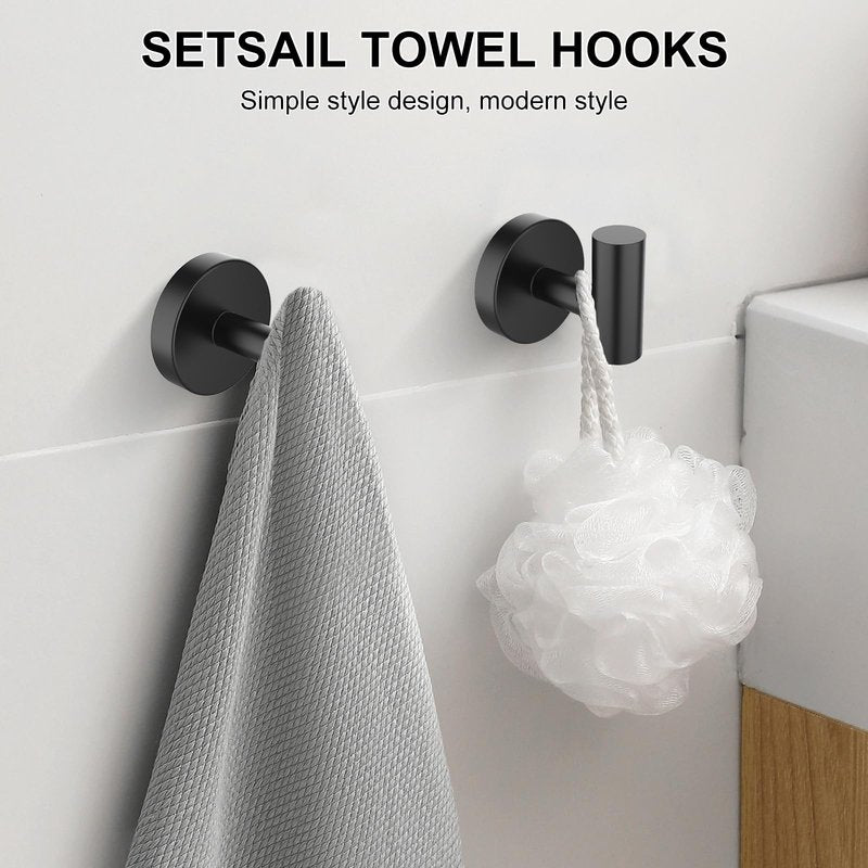 SetSail Towel Hooks for Bathrooms 4 Packs Screw-in Matte Black Bathroom Towel Hook Wall Mounted Stainless Steel Shower Towel Hooks for Coat Hanging, Drill Hole