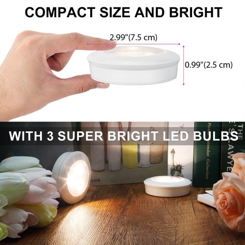 LUXSWAY LED Puck Light, Ultra-Thin Touch Lights, Battery Operated, Tap Lights, Stick on, Under Cabinet Lighting, Ideal for Kitchen, Closets, Garage (Included 18 AAA Batteries, 6 Pack, White)