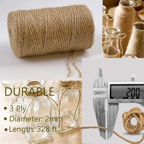 Garden Twine, 328 FT Natural Jute Twine 2mm String for Crafts Gift Wrapping Art Decoration Packing Material Gardening Christmas Wedding 3ply