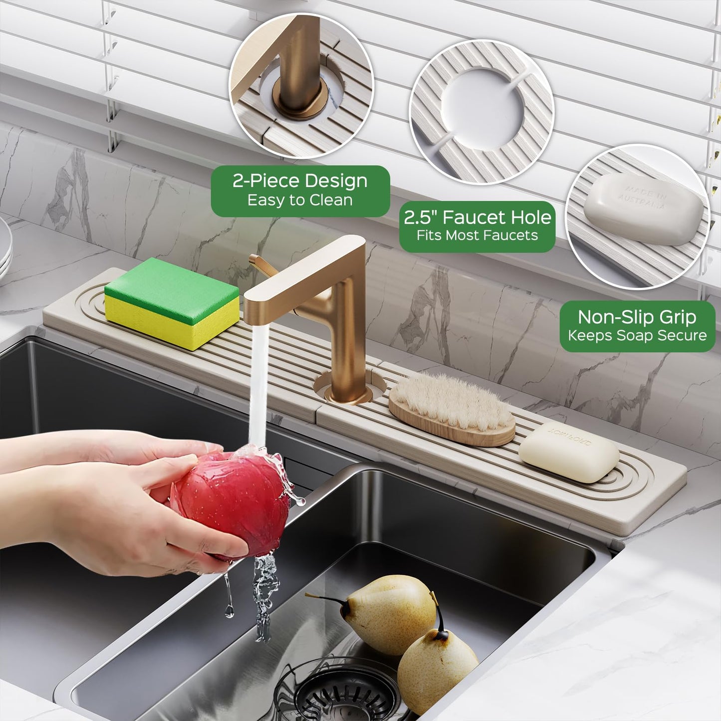 24 Inch Stone Faucet Mat for Kitchen Sink Splash Guard - Diatomite Quick Dry Stone Mat Kitchen Sink Protectors, Water-Absorbent Faucet Handle Drip Tray(White, 23.6" x 3.9")