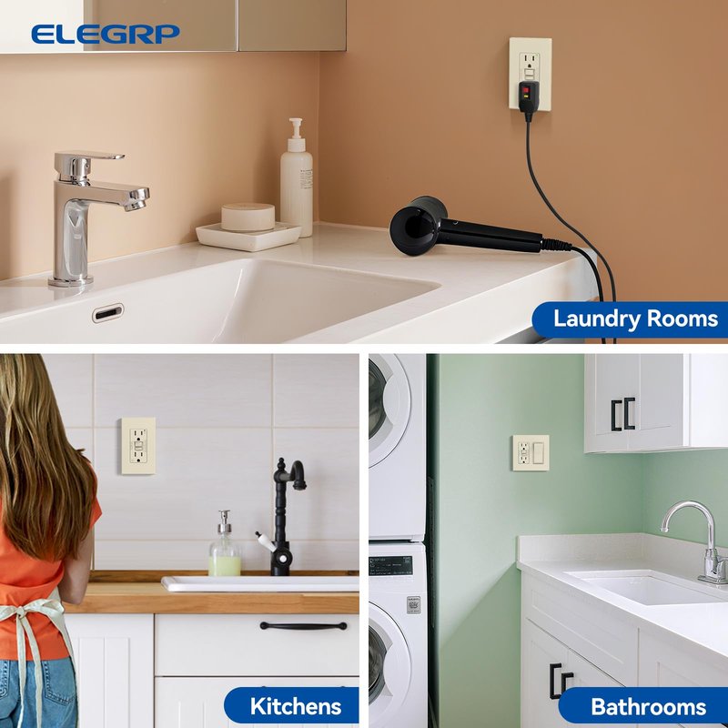 ELEGRP GFCI Outlet 15 Amp, Self-Test GFI Electrical Outlet with Thinner Design, TR Tamper Resistant GFCI Receptacle, Ground Fault Circuit Interrupters with Wall Plate, UL Listed, Light Almond, 6 Pack