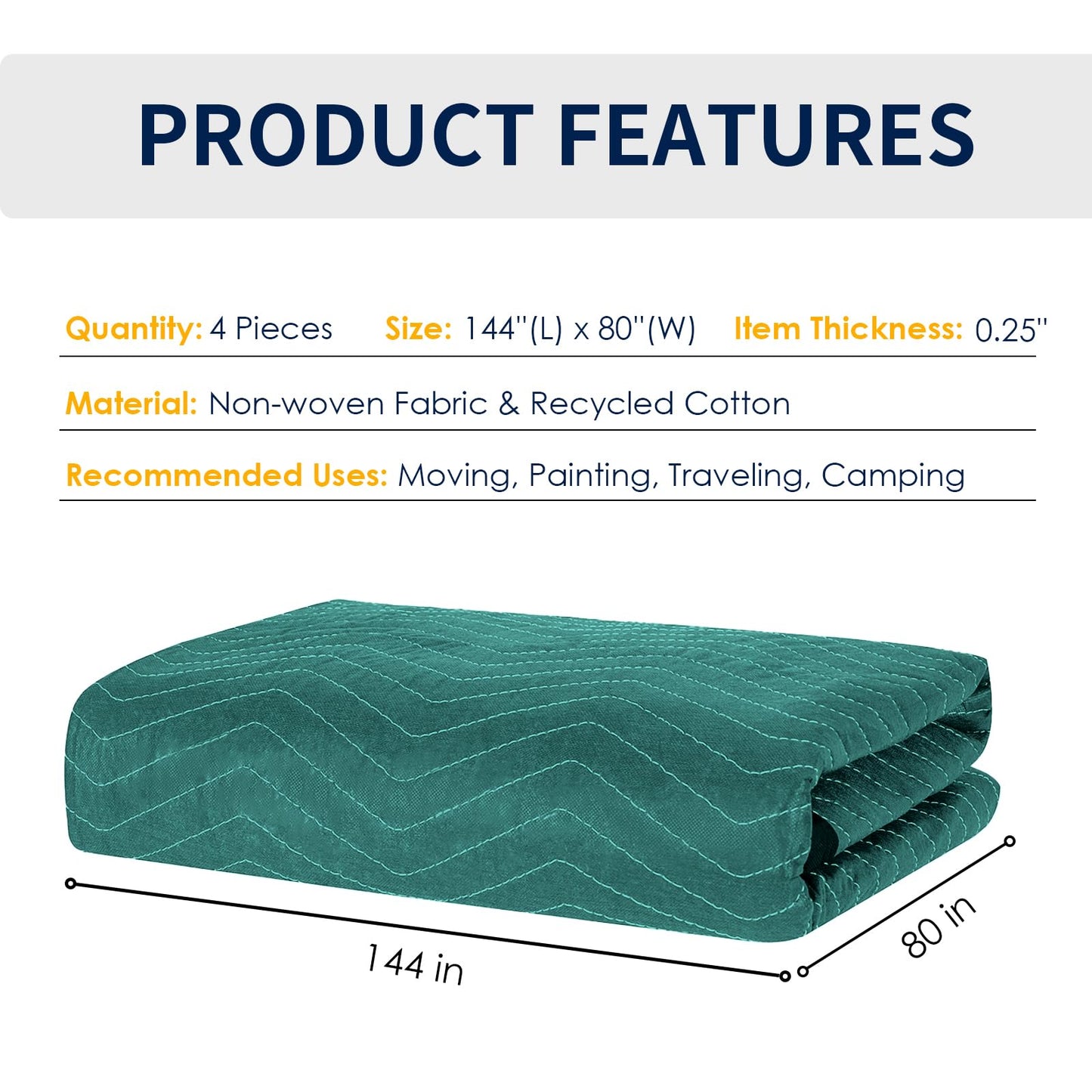 Diamond UP 4 Moving Blankets, Double Extra Large Moving Blankets for Furniture, Professional Quilted Furniture Shipping and Storage Pads, 144" x 80", Green and Gray(4 Packs)