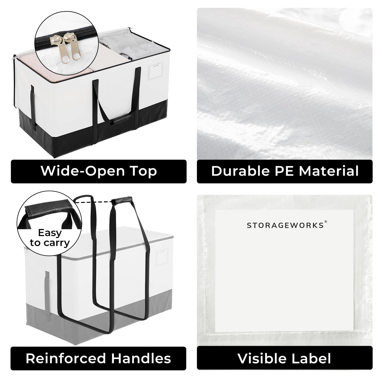 StorageWorks 6 Pack Extra Large Moving Bags, Heavy Duty Storage Packing Tote for Clothes, Alternative to Moving Boxes, Collapsible Moving Supplies with Reinforced Handles, White and Black
