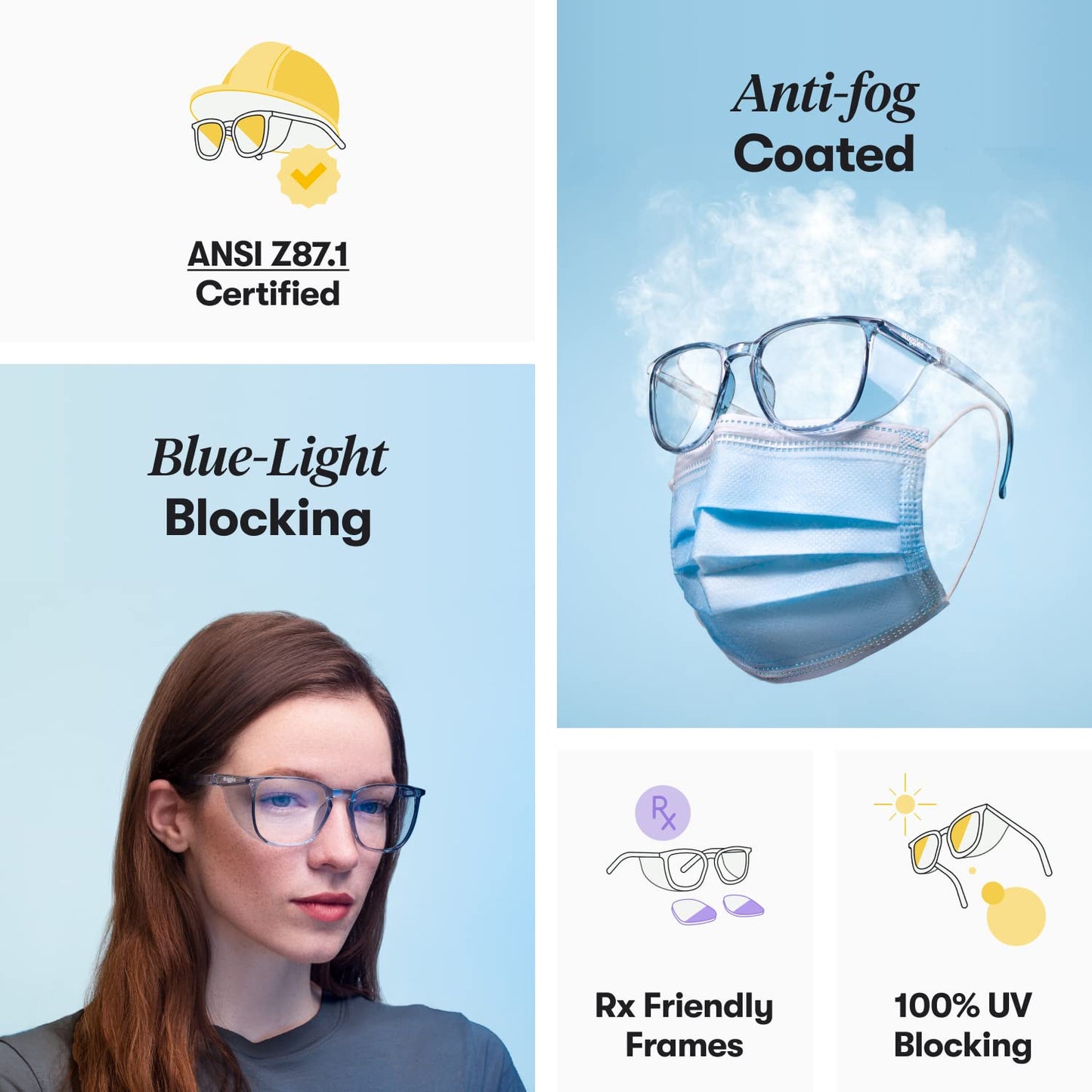 Stoggles Square Z87.1 Certified Polycarbonate Safety Glasses, Scratch & Shatter-Proof, Blue-Light & UV Blocking Lens, Top & Side Shields, Anti-Fog Dip Coated, Durable, Protective & Stylish Eyewear