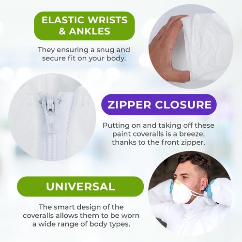 AMZ Medical Supply White Disposable Coveralls with Hood & Boots, Large. Pack of 5 Microporous Lab Coveralls for Men & Women. 60 GSM Painters Suit Disposable with Elastic Wrist, Lower Back, Zipper