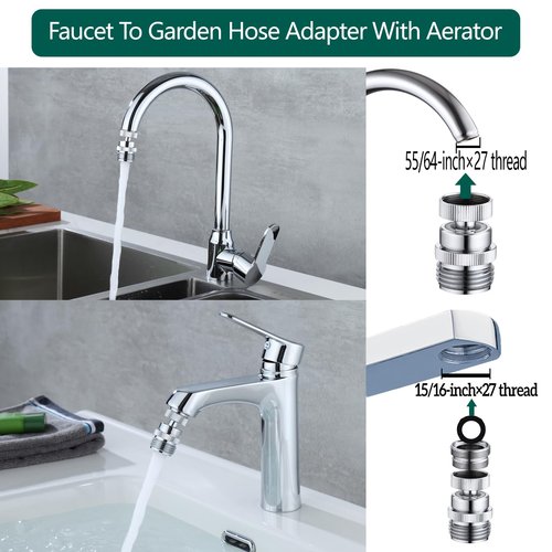 SNUTUYA Faucet to Garden Hose Adapter,Brass 3/4-Inch Garden Hose Adapter with Aerator, 360-degree Swivel for Kitchen And Bathroom,Chrome
