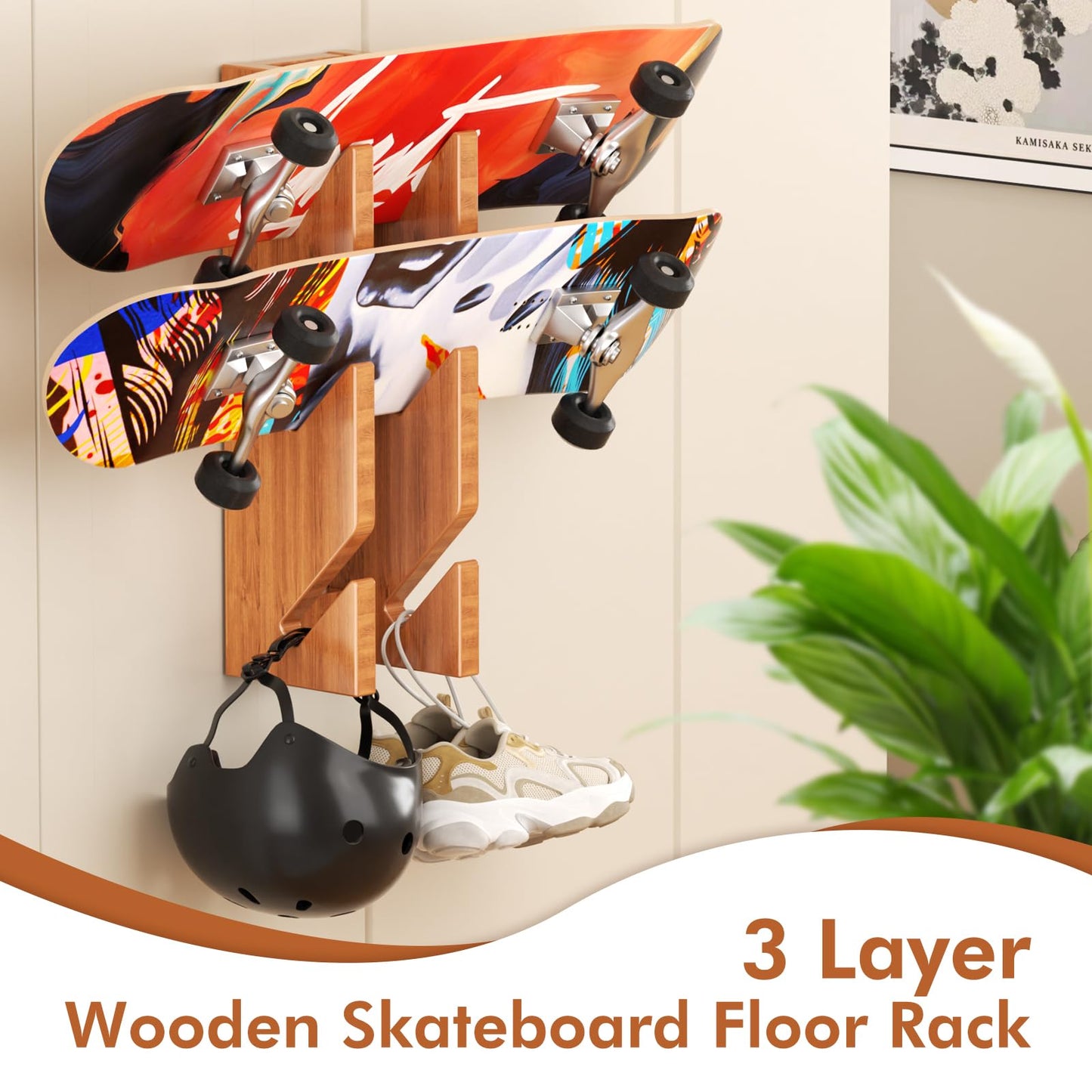 Mihoho Free Standing Skateboard Racks Floor Stand 3-Layer Wooden Skateboard Holder, Snowboard Storage Display Rack, Longboard Kids Skateboard Deck (Walnut)
