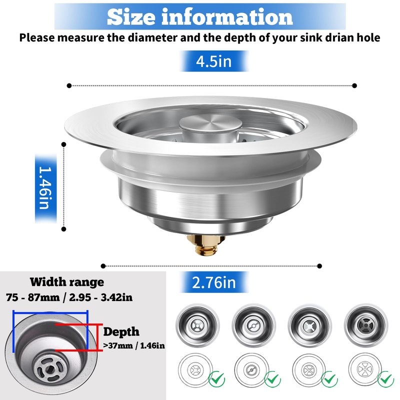 Upgraded 3 in 1 Kitchen Sink Drain Strainer Stopper, Brushed Stainless Steel SUS 304 Pop Up Sink Drain Stopper for Standard 3-1/2 Inch Drain Anti-Clogging Odor Prevention
