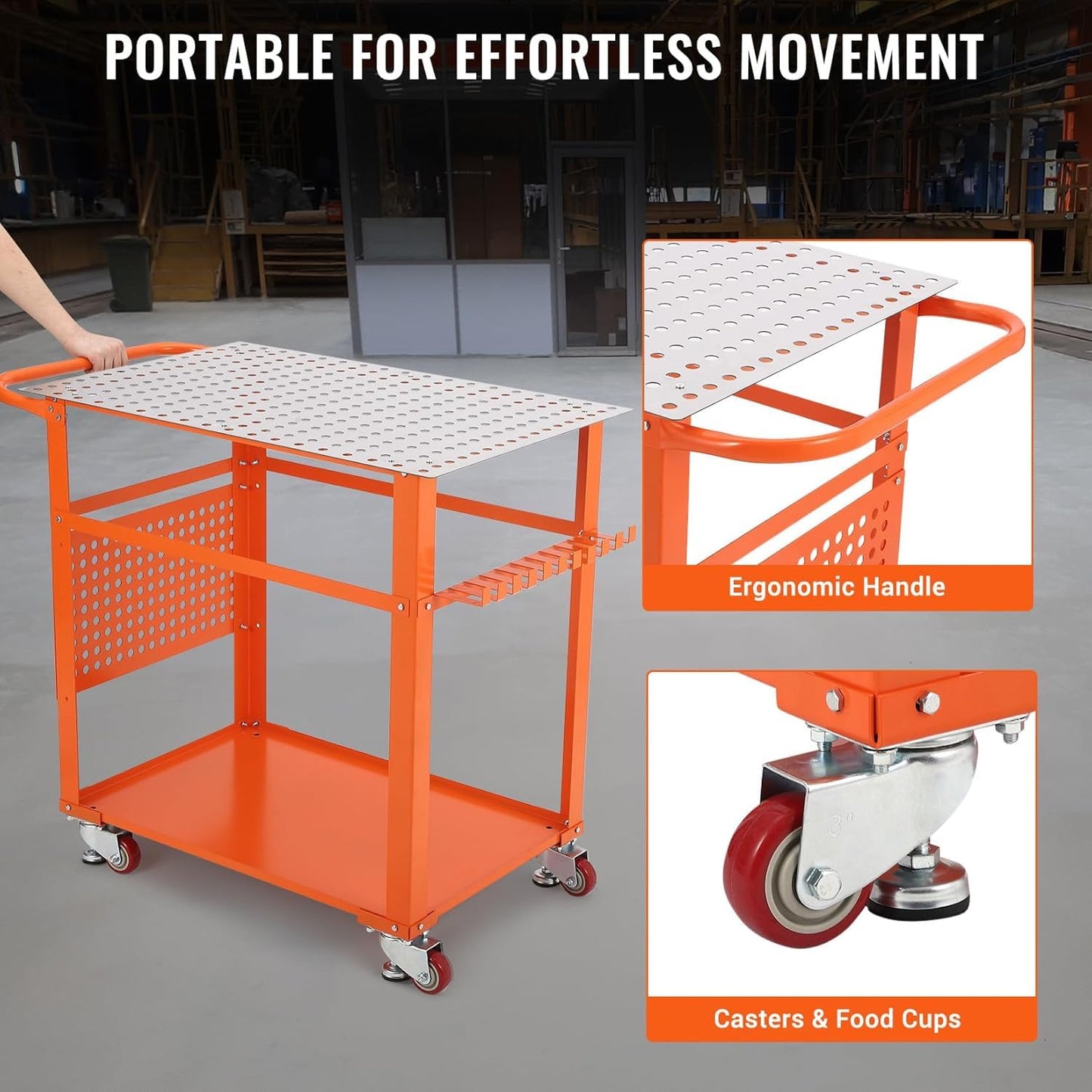 TrailBlaze 36'' x 24'' Welding Table with Wheels, 600 LBS Portable Welding Fixture Table with Handle & Storage Board, 5/8-inch Fixture Holes Tool Slots, Movable Steel Welding Workbench Table for Shop