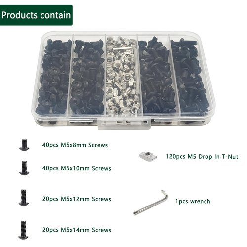 240 pcs M5 T Nut Screws Kit for 2020 2040 2080 Aluminum Extrusion, 120 pcs Black M5x8/10/12/14mm Hexagon Socket Screws and 120 pcs M5 Drop in T-Nuts with 1 pcs Hex Wrench
