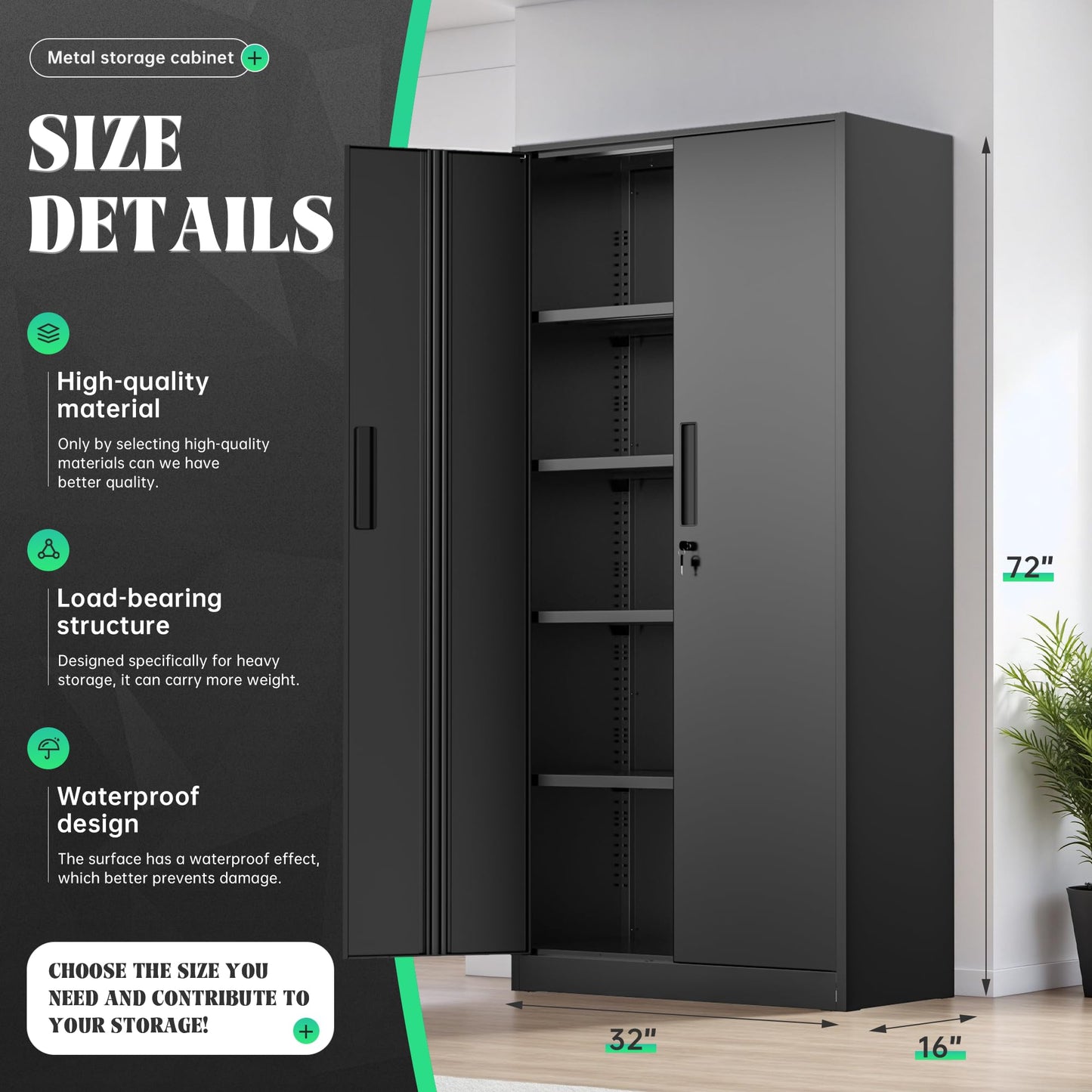 Oakcloud Metal Storage Cabinet Tool Organizer, 72" Lockable Garage Storage Tool Cabinets with 2 Doors and 4 Adjustable Shelves, Locking File Cabinet for Office, Home, School (72“ Standard-Black)