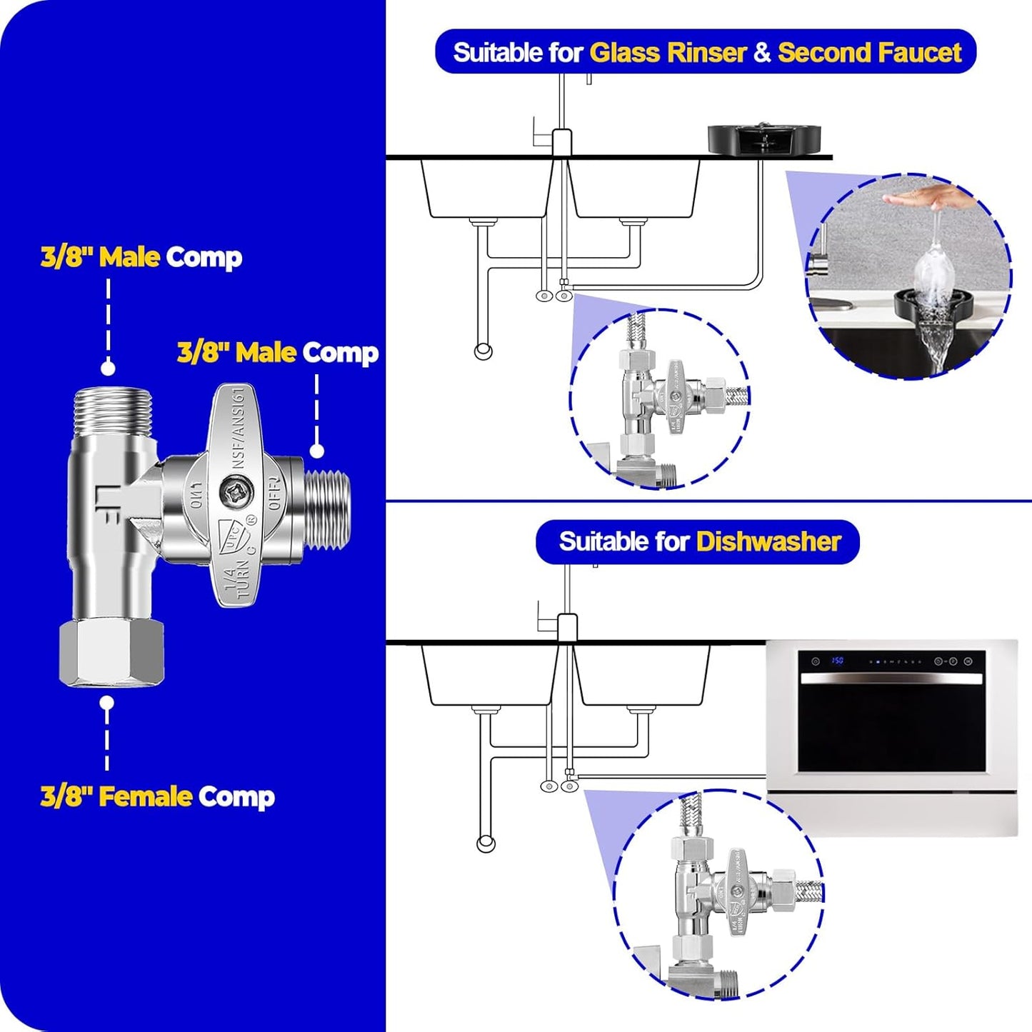 Tee Stop Valve - Lead-Free Add-A-Tee Valve 3/8 Inch x 3/8 Inch x 3/8 Inch,1/4 Turn Brass Extender Tee Connector with Built-in Sealing Gasket for Faucet,Glass Rinser,Dishwasher,Washing Machine