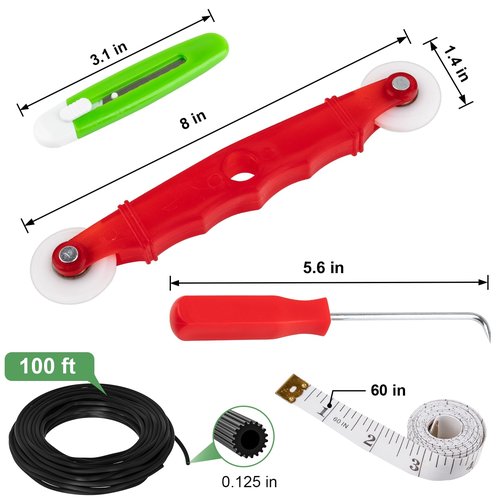 MEQHUO Window Screen Repair Kit, Screen Door Repair Kit, 0.125"X100' Screen Spline for Window Screen, 5 in 1 Screen Replacement Kit, Screen Roller Tool Round Retainer Spline Removal Hook Ruler Cutter